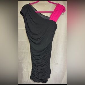 Noir by YDE Black Body Con Mini Dress With Hot Pink Shoulder Strap Accent-Medium